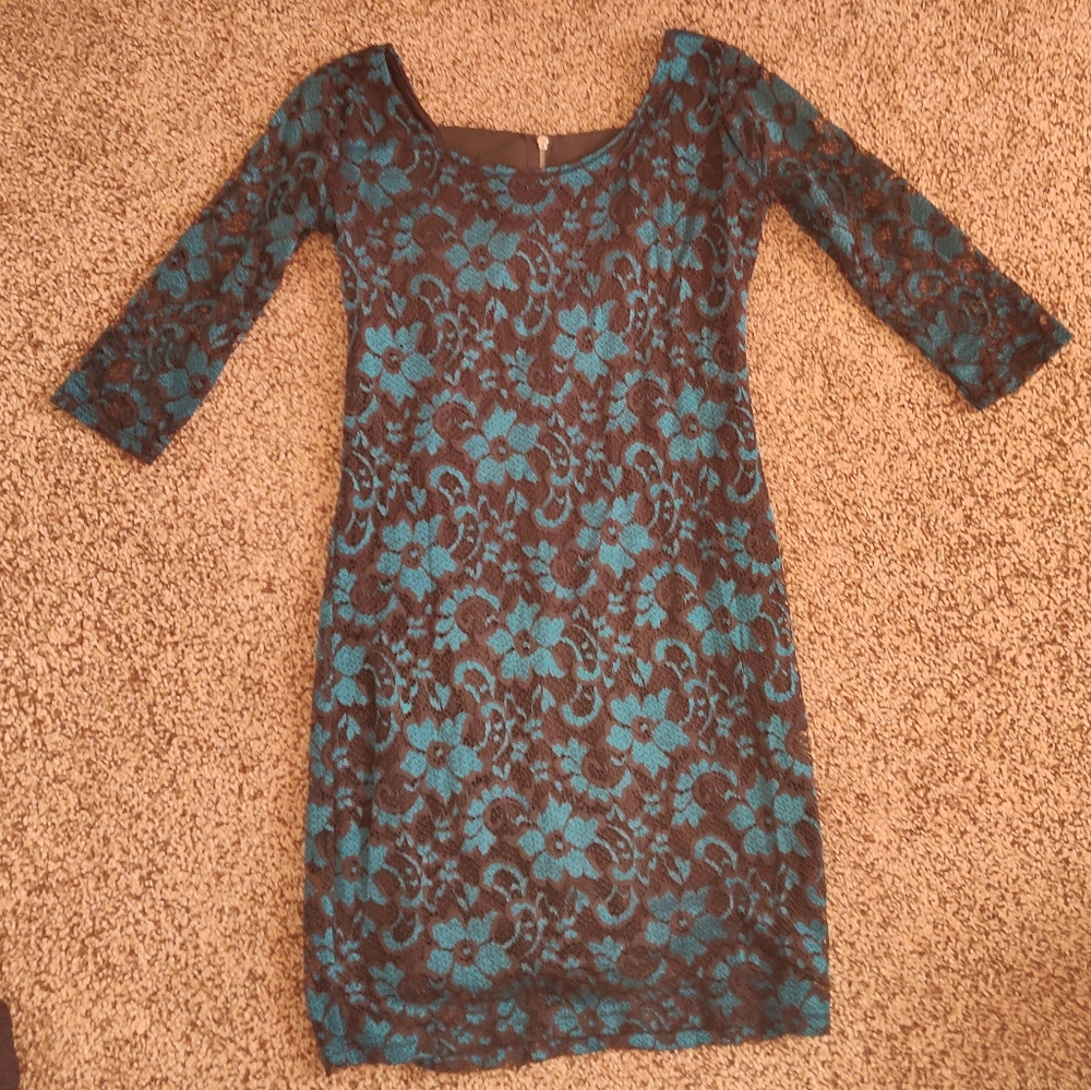 Blue and Black Lace Dress with Back Design Zipper